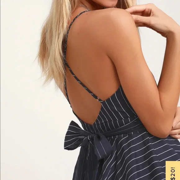 Lulu’s Ruffle and Flow Navy Blue Striped Backless Ruffle Romper - Picture 4 of 10